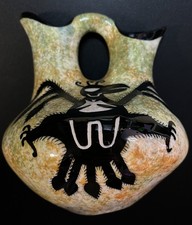 Vintage Mana Pottery Double-spouted Wedding Folk Art Vase 7