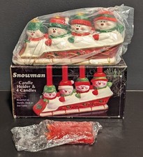 J.S.N.Y. Vtg Ceramic Christmas Snowman Family Sled Candle Holder w/ Candles NOS picture