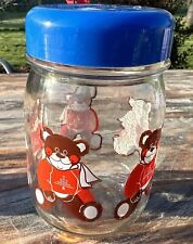 Vintage Red Sweater Teddy Bear Glass Jar With Blue Lid Cookie Storage Canister picture