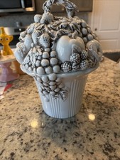 Bella Casa by Ganz Fruit Topiary Ceramic Cookie Jar Canister Lid White Vintage picture