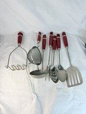 Vintage 7Pc A&J Ekco Kitchen Utensil Set Red Wood Handles Farmhouse picture