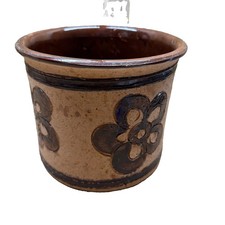 Vtg MCM Stoneware Clay Handmade Crock Made In Italy 6” x 7” Brown Flower picture