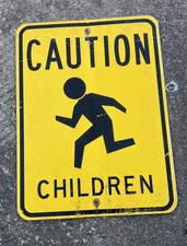 Vintage Yellow Caution Children Playing Street Sign Metal Steel Retired Sign picture