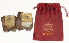 Antique Jerusalem Tefillin 1940s Chassidic Script Scrolls Hand-Made Velvet Bag picture