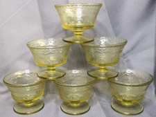 6 Vintage Federal Glass Patrician Spoke Amber Yellow Depression Dessert Bowls picture