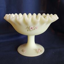 Vintage Fenton Custard Satin Candy Dish w/ Pink Blossoms Painted by V. Gherke picture