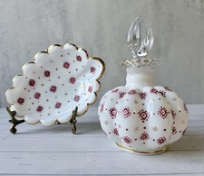 Vintage Fenton Charleton Perfume Set 2 Milk Glass Red Geometric mold 743 picture