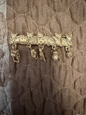 AJC Kitty Cat Kitten Bar Pin Brooch 5 Dangle Charms Gold Tone picture