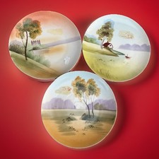 Meito China Set Of 3 Plates Hand Painted Vintage Japan Landscapes 1920-1950 picture