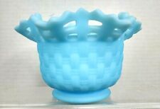 Fenton VTG Blue Satin Frosted Glass Basket weave Vase Trinket Home Décor Bowl  picture