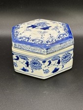 Hexagon Porcelain Trinket Box Blue & White Floral Chinoiserie Asian Vintage picture