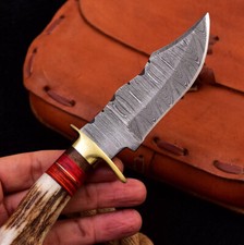 Vintage handmade Damascus Steel Fixed Blade Hunting Knife stag antler handle picture