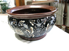 Antiq. Majolica Jardiniere-Brown Inter.-Dark Brown Enameled Body w/Flowers-SALE picture