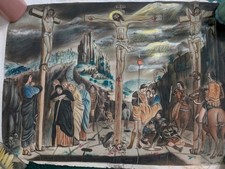Title: Crucifixion Jesus Three Crosses Religious Fabric Artwork  picture