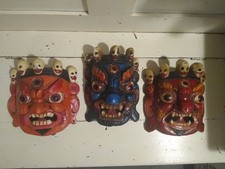 Set of 3 Hand-Carved Nepalese Bhairab Mahakala Wooden Masks – Himalayan Wall Art picture