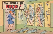 Vintage Risque Humor Postcard Nude Female Navy Sailors Showering picture