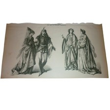 Antique 15th Century German Costume Wood Engraving Print Medieval Fashion Art picture