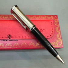 CARTIER Santos Brushed Silver Metal Black Resin Ballpoint Pen Luxury Rare picture