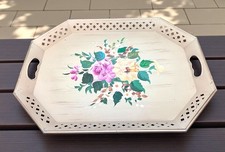 Vtg Nashco Hand-Painted Floral Tole Tray 20” x 16” Ivory Metal Original Sticker picture