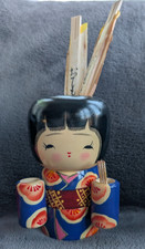 Vtg Japanese Kokeshi Doll by Torao Hosaka Wood Toothpick Chopstick Holder 70s picture