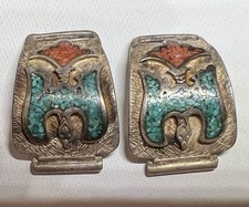 Vintage Native American Turquoise Coral Chip Inlay Thunderbird Watch Tips 23g picture