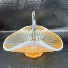 Dugan Caroline Peach Opal Opalescent Carnival Glass Handled Basket Bowl Antique picture