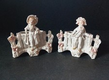 2 Vtg Porcelain Figurine, Colonial Couple White Pink Gilt Gold Planter Vase picture