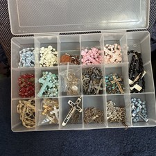 Collection Of Vtg Christian Jewelry-9 Rosaries & 14 Cross Necklace W/Case. picture