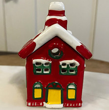 Hand Painted Ceramic Christmas House Tealight Holder Small 3.5in w/ Box picture