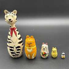 Vintage Wooden Cat Nesting Dolls 5 Piece Matryoshka Set Russian Hand Painted picture