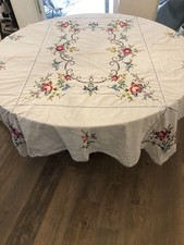 Vintage Traditional Floral Cross Stitch Embroidered Tablecloth 84x62 Gorgeous picture