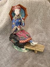 Vintage Chinese Shiwan Ware Ceramic Figurine of Lady with Umbrella Bamboo Raft picture