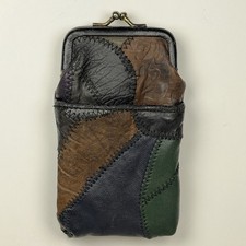 Vintage Patchwork Leather Kiss Lock Cigarette Case 80s Brown Green Blue Black picture