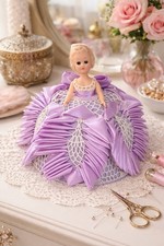 Vintage Ribbonwork Pincushion Doll Lavender Satin Boudoir Sewing Decor picture