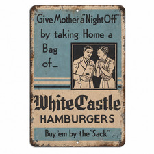 White Castle Hamburgers Metal Sign Vintage Style Buy em By the Sack Ad - 3 Sizes picture