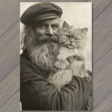 POSTCARD Old Sailor Holding Fluffy White Cat Beard Nautical Pet Lover Kitty picture