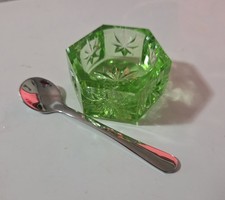 Vintage Mosser Green Hexagon Starbust Design~ Open Salt Cellar & Salt Spoon~SALE picture