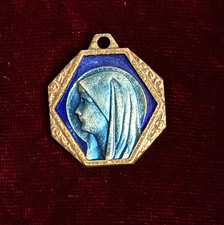 Vintage Blue Guilloche Enamel Our Lady of Lourdes Medal Christian France 3.78g picture