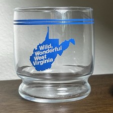 Vtg Wild Wonderful West Virginia Souvenir Glass Blue Stripes Footed Tumbler 70s picture