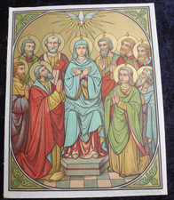 ANTIQUE CATHOLIC BROCADE FABRIC BANNER IMAGE THE DESCENT OF THE HOLY SPIRIT picture