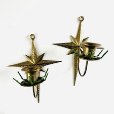 Vintage Worldgift Brass Christmas Starburst Candle Wall Sconces Pair MCM India picture