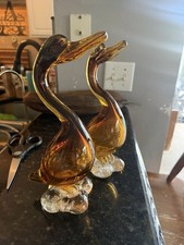 Murano Venezia Art Glass Swan Bird Figurine Pair, Amber & Clear picture