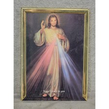 Vintage Jesus I Trust In You Divine Mercy Religious Art Gold Frame 5.25x7.25