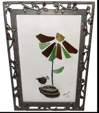 Cute Signed Dawn Bejeweled Framed Pebble art Picture Bird And Flower picture