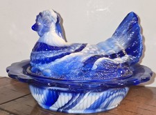 Rare Vtg Intense Cobalt Blue Marble Slag Glass Hen on Nest 6