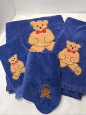 VTG Ames Teddy Bear Navy Blue Towels Cotton Baby Boy Bath Set Cottagecore picture