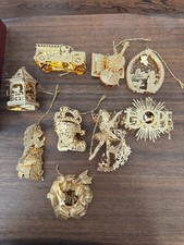 Vintage Danbury Mint 9 Gold Christmas Ornaments Original Box 23k Gold Plated2001 picture