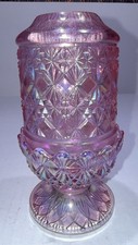 Vtg Fenton Carnival Iridescent Pink Rose Art Glass Fine Cut Block Fairy Lamp  picture