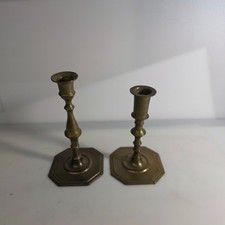 Vintage Brass Candlesticks Pair 8 Inch Taper Holders Octagonal Base picture