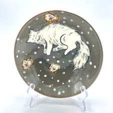 Vint 1986 Mei Ming Ware Hand Painted Bowl w/Sleeping White Cat & Fish Design picture
